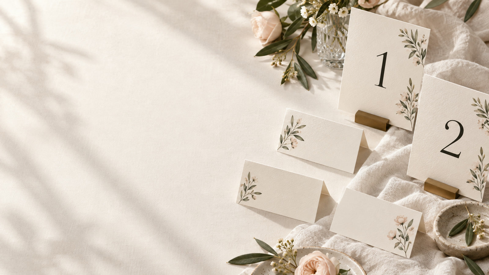 Elegant wedding place cards and table-number cards arranged on a linen table.